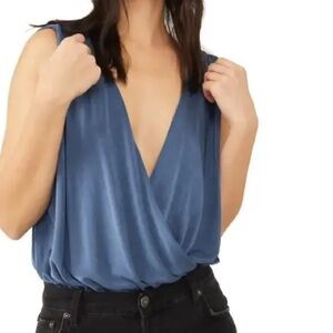 Free People Night Owl Sleeveless Thong Bodysuit In Blue Metal - XS